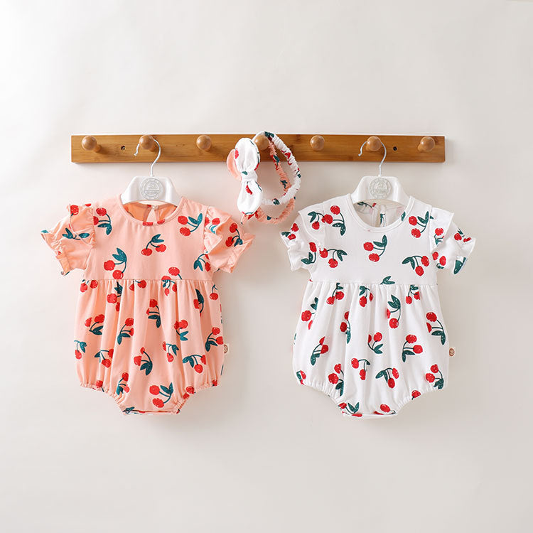 Cherry Print Cotton Long Sleeve Romper for Baby Girls