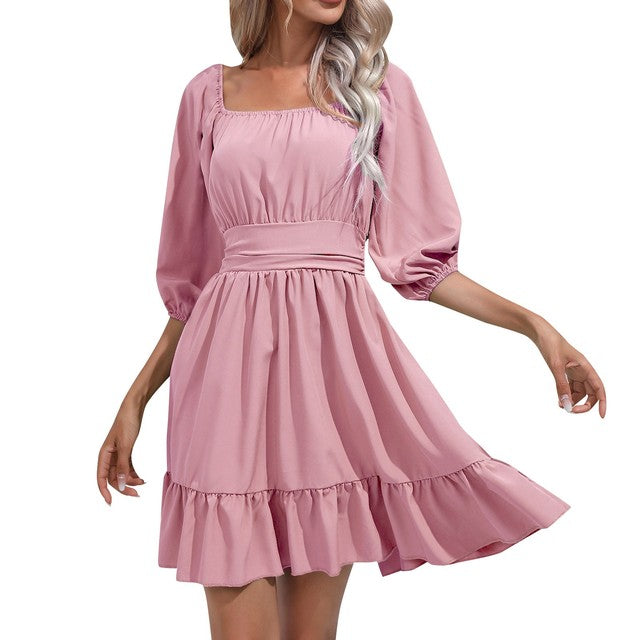 Summer Ruffled Square Neck High Waist Pleated Dress