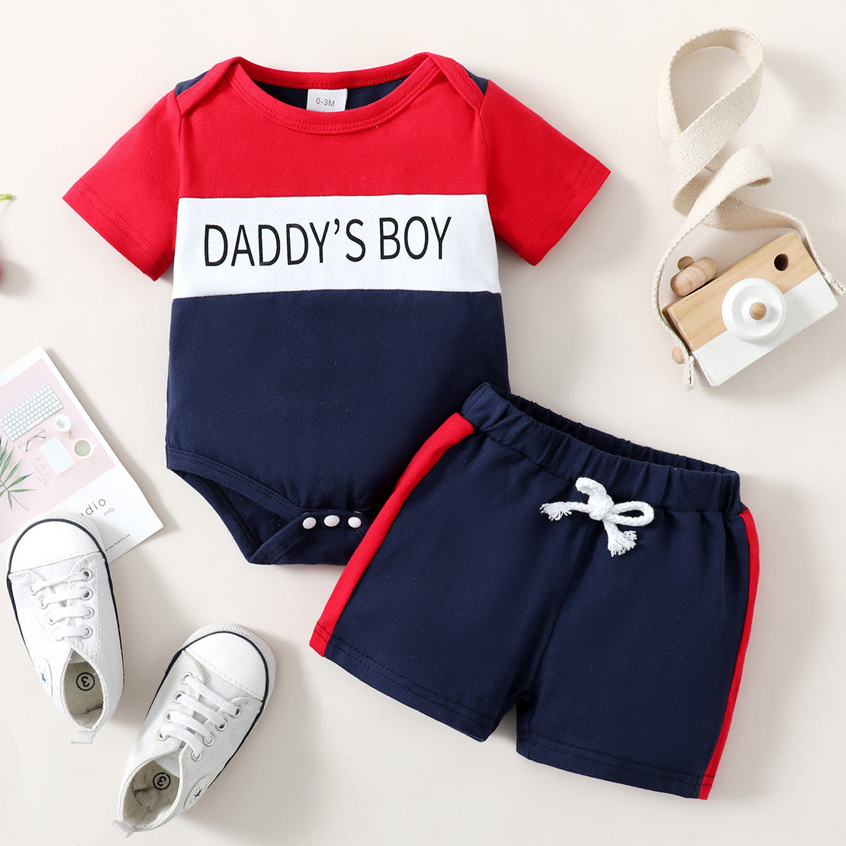 Summer Toddler Boys Letter Flying Sleeve Romper and Shorts Set
