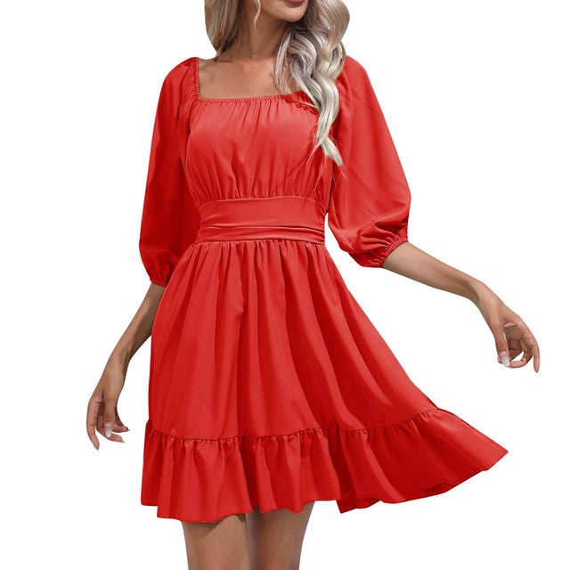 Summer Ruffled Square Neck High Waist Pleated Dress