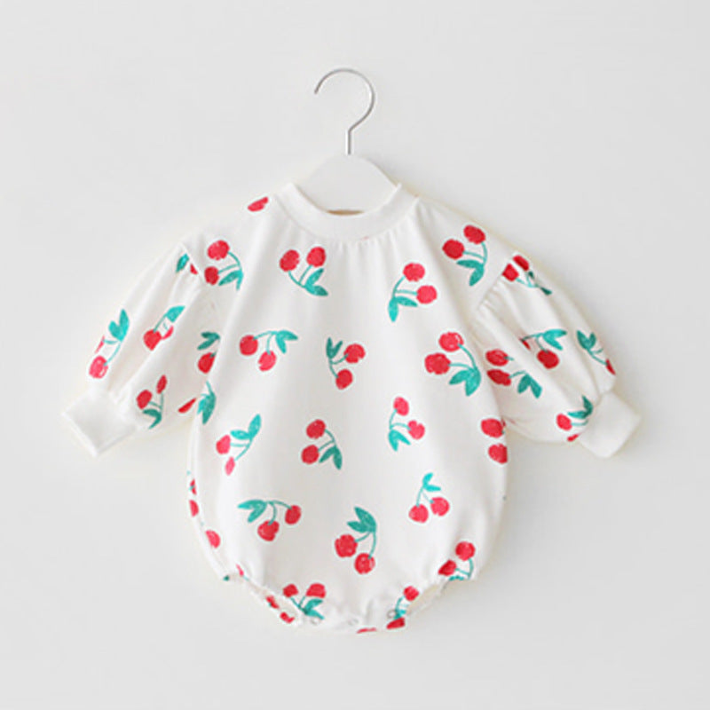 Cherry Print Cotton Long Sleeve Romper for Baby Girls