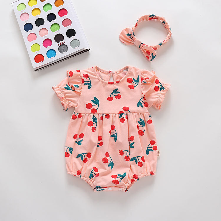 Cherry Print Cotton Long Sleeve Romper for Baby Girls