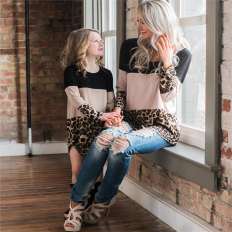 Mommy and Me Color Block Leopard Print Tunic with Lace Back
