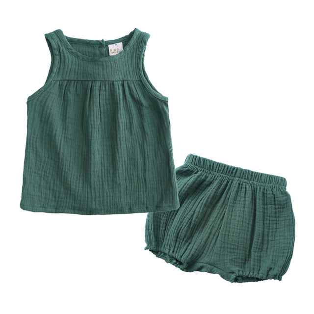 Baby and Toddler Cotton Linen Summer Clothes Set - Sleeveless Top and Bloomers