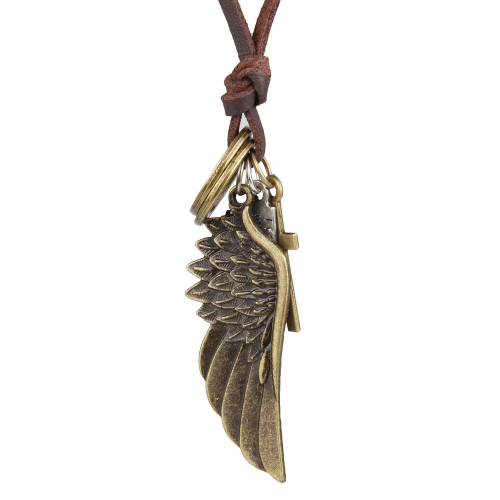 Engraved Retro Leather Necklace with Angel Wings & Feathers