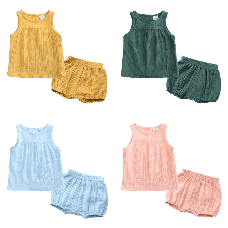 Baby and Toddler Cotton Linen Summer Clothes Set - Sleeveless Top and Bloomers