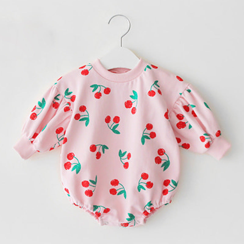 Cherry Print Cotton Long Sleeve Romper for Baby Girls