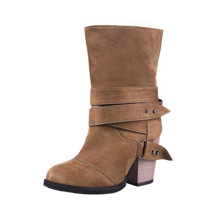 Large Thick Heel Belt Buckle Women's Mid-Calf Boots