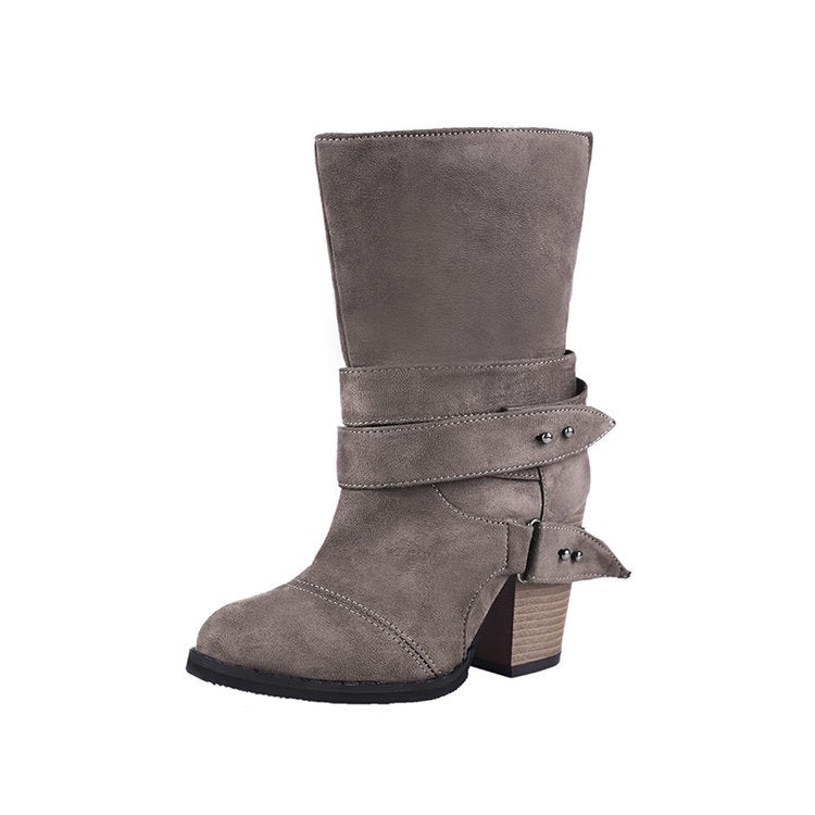 Large Thick Heel Belt Buckle Women's Mid-Calf Boots
