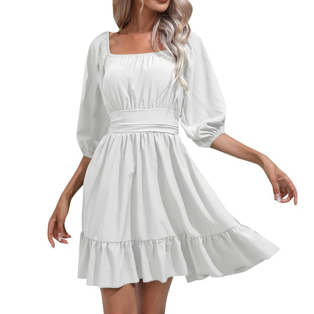 Summer Ruffled Square Neck High Waist Pleated Dress