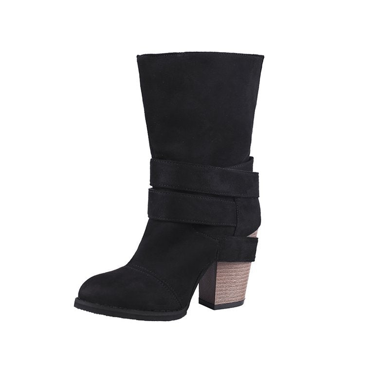 Large Thick Heel Belt Buckle Women's Mid-Calf Boots