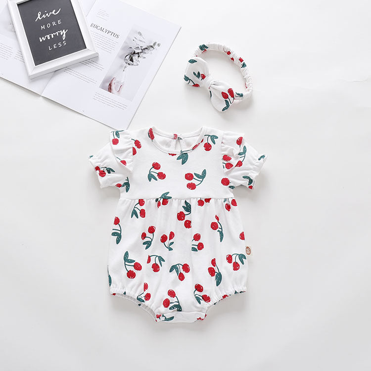 Cherry Print Cotton Long Sleeve Romper for Baby Girls