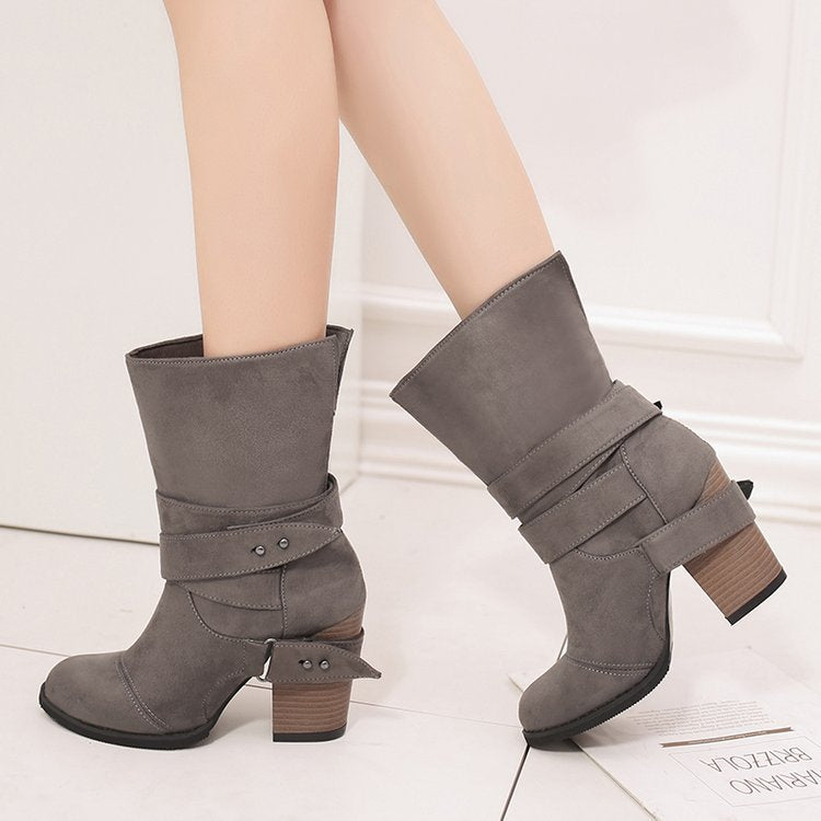 Large Thick Heel Belt Buckle Women's Mid-Calf Boots